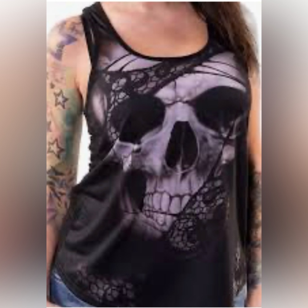 Lethal Angel Black Lace Rip Skull Racerback Tank Top. Goth Punk Grunge Size XL